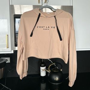 Women's Letter Print Long Sleeve Crop Top Sweatshirt Hoodies Apricot M